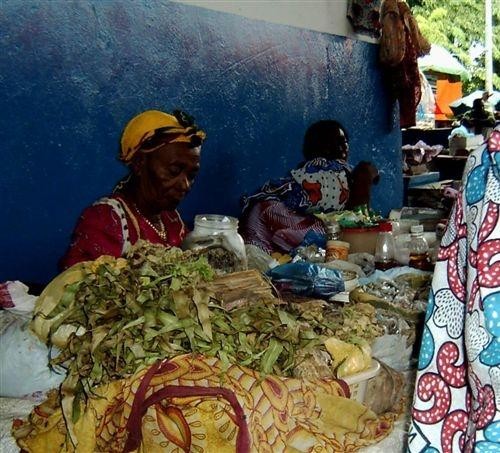 Postazione di venditrice di erbe medicinali della foresta africana