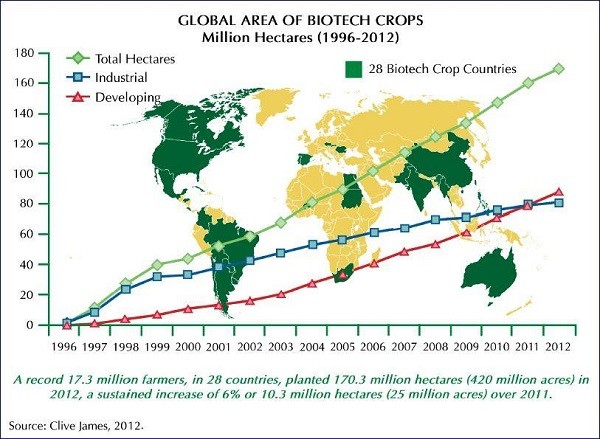 Aree mondiali destinate a biotecnologie in agricoltura
