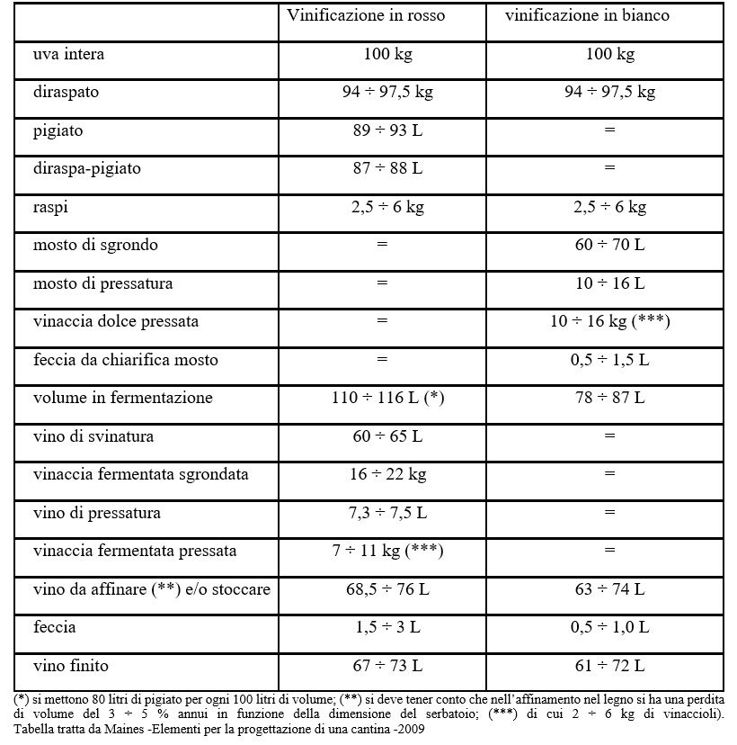 Tabella prodotti vinificazione